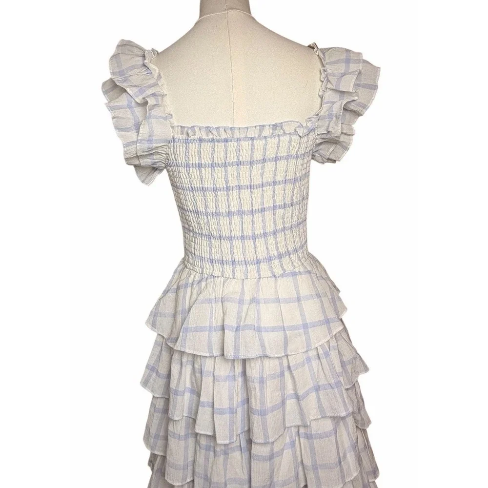 Storia Adelynn Ruffle Midi Dress S Blue White Plaid Smocked Cottagecore Prairie - Picture 7 of 11